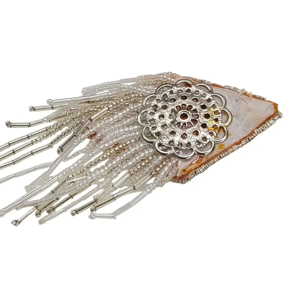 Vintage Beaded Diamond Fringe Applique Tassel Bridal Rhinestone Pearl Patch